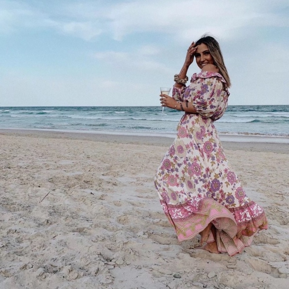 Waverly Boho Pink Floral Print Off Shoulder Crop top Maxi Skirt Set - Picture 9 of 16